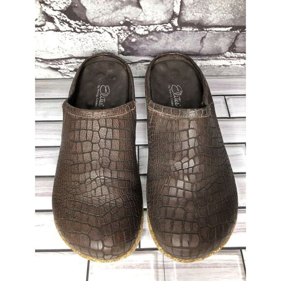 Elite By Walking Cradles Brown Leather Croc Comfort SlipOn Cork Clogs Women Sz 8 - Picture 2 of 16